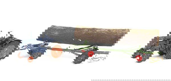 Britains Fordson Major Tractor: A pair (1) Fordson Major Tractor - dark blue, orange hubs (2) 4-wheel Log Trailer - green, red hubs with log load, light wear to some edges - otherwise a Excellent to Excellent Plus lot. (2)