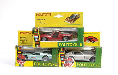 Politoys - a collection of 3 Cars: Politoys a collection of 3 Cars all in window boxes including - (1) No.561 Aston Martin DBS - silver, black interior, (2) No.563 Lotus Europa - turquoise, chrome interior and (3) No.566 Ferrari P5 - r