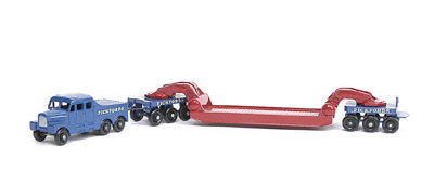 Major Pack M6 Scammell 6x6 Ballast Tractor Unit: Major Pack No. M6 Scammell 6 x 6 Ballast Tractor Unit with swan neck Low Loader Trailer "Pickfords" - bright blue, red, smooth black plastic wheels - Excellent Plus (usual minor paint chips to loadbed