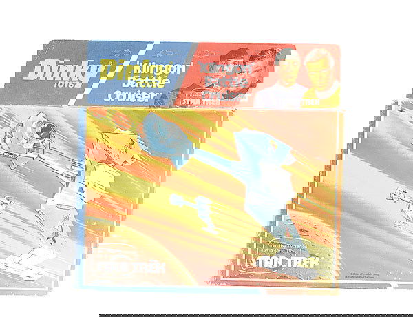 Dinky No.357 "Star Trek" Klingon Battle Cruiser: Dinky No.357 "Star Trek" Klingon Battle Cruiser - blue, white - complete with accessories and unapplied decal sheet - Mint in Good Plus all carded picture box.