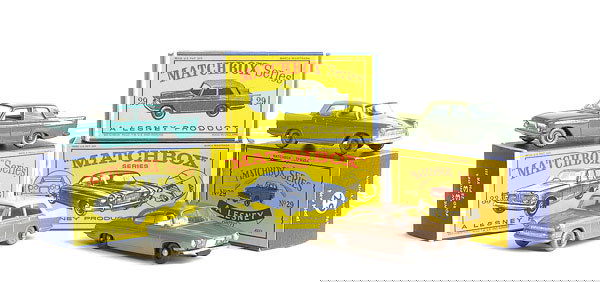 Matchbox 2 x No.29b Austin Cambridge: 2 x No.29b Austin Cambridge - both two tone green, green windows, red tail lamps, no rear silver trim, silver plastic wheels - (1) grey paint spots to body - generally Excellent in Excellent Lesney bo