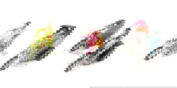 Hot Wheels Rrrumblers Preying Menace: Hot Wheels Rrrumblers Preying Menace - green body with yellow rider (jacket has been coloured in) complete with track guide, Revolution with orange seat and black top, dark pink rider with black top h