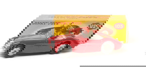 Dinky No.103 Austin Healey 100 Sports: Dinky - No.103 Austin Healey 100 Sports - red, light grey interior and ridged hubs, slight Superdetailing to rear lights and to silver work, but includes driver - otherwise Near Mint in Good card box