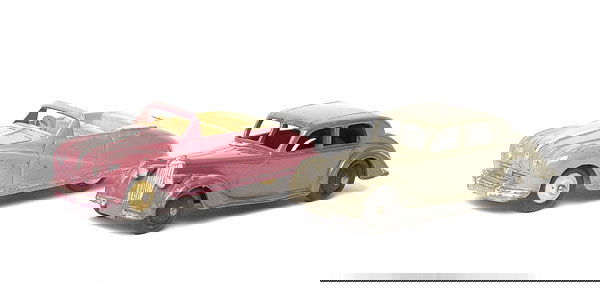 Dinky Riley & Austin Atlantic: Dinky - a pair of 1950s Motor Cars - (1) Riley - scarce greenish grey, (2) Austin Atlantic - pink, cream interior and ridged hubs, both have only light wear to some edges and wings - otherwise Good Pl