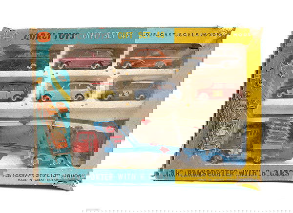 Corgi Toys GS48 Car Transporter Gift Set: Corgi Toys GS48 Car Transporter Gift Set containing (1) Rover 2000 - maroon, ivory interior - Excellent Plus, (2) Hillman Imp - metallic bronze, white body stripe, ivory interior - Good, (3) Ford Cort