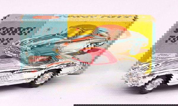 Corgi Toys No.304S Mercedes 300 SL Roadster: Corgi Toys No.304S Mercedes 300 SL Roadster - chrome plated, red hardtop, racing number 3, spun hubs - Good Plus in Good grubby blue and yellow box.