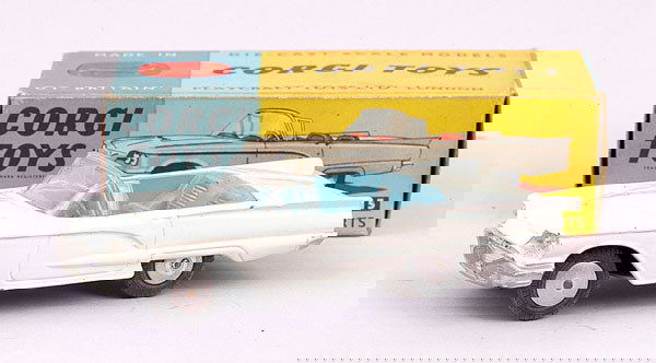Corgi Toys No.215 Ford Thunderbird Convertible: Corgi Toys No.215 Ford Thunderbird Convertible - white, blue interior with silver seats, 1959 rear numberplate, flat spun hubs - Excellent in Excellent but grubby blue and yellow box.