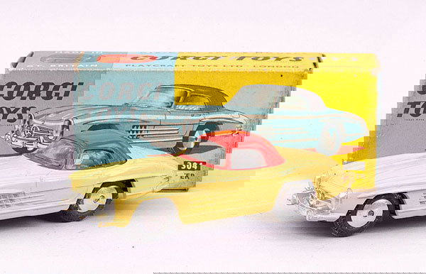 Corgi Toys No.304 Mercedes 300 SL Hardtop: Corgi Toys No.304 Mercedes 300 SL Hardtop - yellow, red hardtop, flat spun hubs - Excellent to Excellent Plus (large paint chip to corner of roof) in Good grubby blue and yellow box.