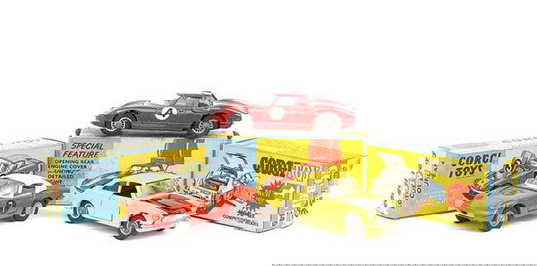 Corgi Toys No.314 Ferrari 250 LM: Corgi Toys No.314 Ferrari 250 LM - red, racing number 4, wire wheels - Excellent Plus in Excellent but grubby blue and yellow box, No.319 Lotus Elan Coupe with detachable chassis - red, white roof and