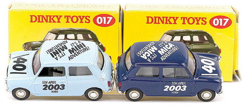Matchbox Dinky No.017 Code 2 Austin Seven Mini: Matchbox Dinky No.017 Code 2 Austin Seven Mini - a pair, (1) "5th April 2003 York" - blue, black and grey interior, chrome trim and (2) same as (1) but pale blue - both are Mint in Near Mint to Mint b