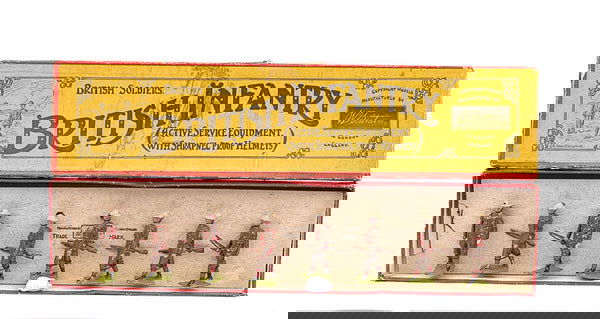 Britains - Set 195 - British Infantry: Britains - Set 195 - British Infantry - [1916 version], comprising: Marching Officer carrying baton - together with 7 x Other Ranks marching at the trail. All wear webbing equipment & sand coloured st