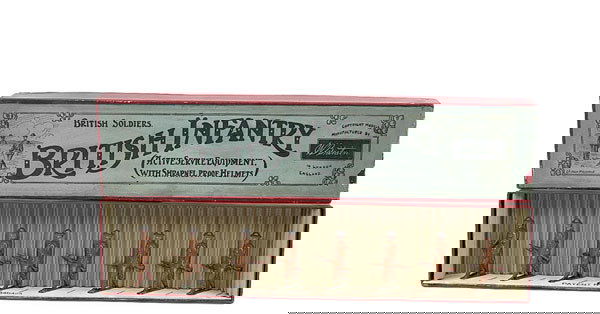 Britains - Set 195 - British Infantry: Britains - Set 195 - British Infantry - [1916 version], comprising: Marching Officer carrying baton - together with 7 x Other Ranks marching at the trail. All wear webbing equipment & grey/green colou