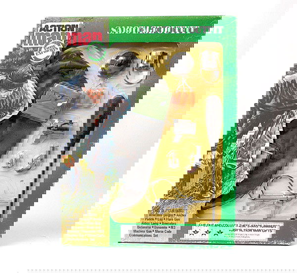 Palitoy Action Man Sabotage Outfit: Palitoy Action Man Sabotage carded outfit, #34403, comprising inflatable dinghy, anchor, paddle, detonator, dynamite, flare gun, Aldiss lamp, cap, binoculars, M3 machine gun, and Morse code communicat