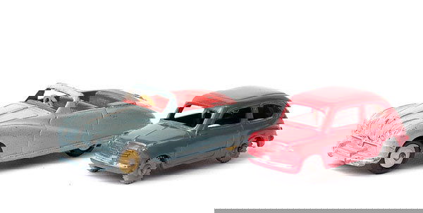 Dinky Fiat 600 & Austin Atlantic: Dinky - a pair, (1) Fiat 600 - red, grey plastic knobbly wheels, (2) Austin Atlantic - light blue, red interior, cream ridged hubs, some wear to edges and requires cleaning - otherwise Good Plus to Ex