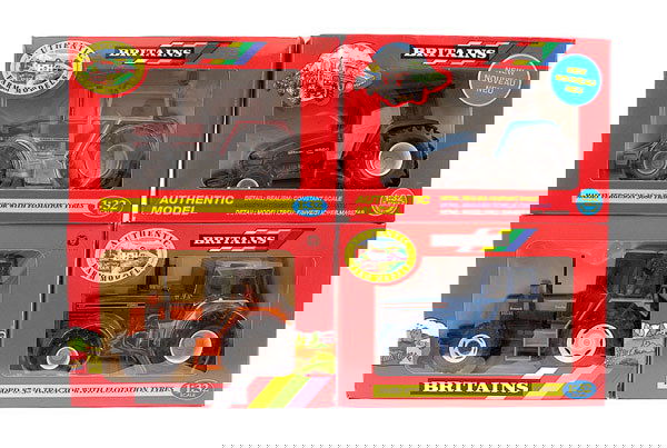 Britains - a group of 4 Tractors: Britains a group of 4 Tractors which includes (1) No.9441 Massey Ferguson 3680 with floatation tyres - red, grey, black, (2) No.9442 Ford 8730 with floatation tyres - blue, black, (3) No.9444 New Holl