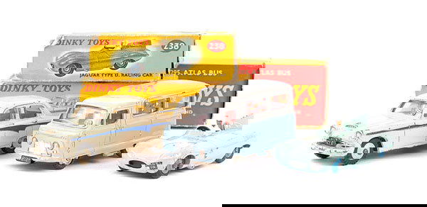 Dinky - a group of Buses and Cars: Dinky a group (1) No.295 Atlas Bus - light blue lower, light grey upper, red interior, (2) No.76 Austin A105 Saloon - cream including ridged hubs, violet blue side flashes, (3) No.238 Jaguar D Type Ra