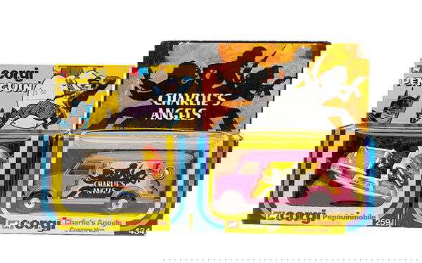 Corgi No.259 "The Penguin's" Penguinmobile: Corgi - No.259 "The Penguin's" Penguinmobile - white, yellow, orange, gold trim - Near Mint in Good Plus striped window box and No.434 "Charlie's Angels" Custom Van - pink, chrome wheels - Near Mint i