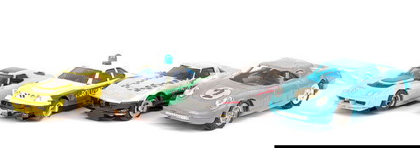 A Group of 4 x Slot Cars: Group of Slot Cars. Aurora AFX Corvette Stingray - yellow, black stripe (tyres perished), Carrera small scale BMW M635 Police Car, TCR Corvette Stingray Jam Car - silver, black and unknown Hong Kong m