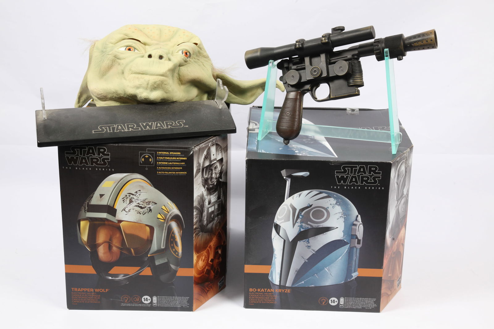 Hasbro Star Wars Black Series Bo-Katan Krye & Trapper Wolf electronic Helmets plus Han Solo replica: Hasbro Star Wars Black Series Bo-Katan Krye & Trapper Wolf electronic Helmets plus Han Solo replica blaster plus latex Yoda mask. Condition good plus to excellent.?Black Series Bo-Katan Krye & Trapper