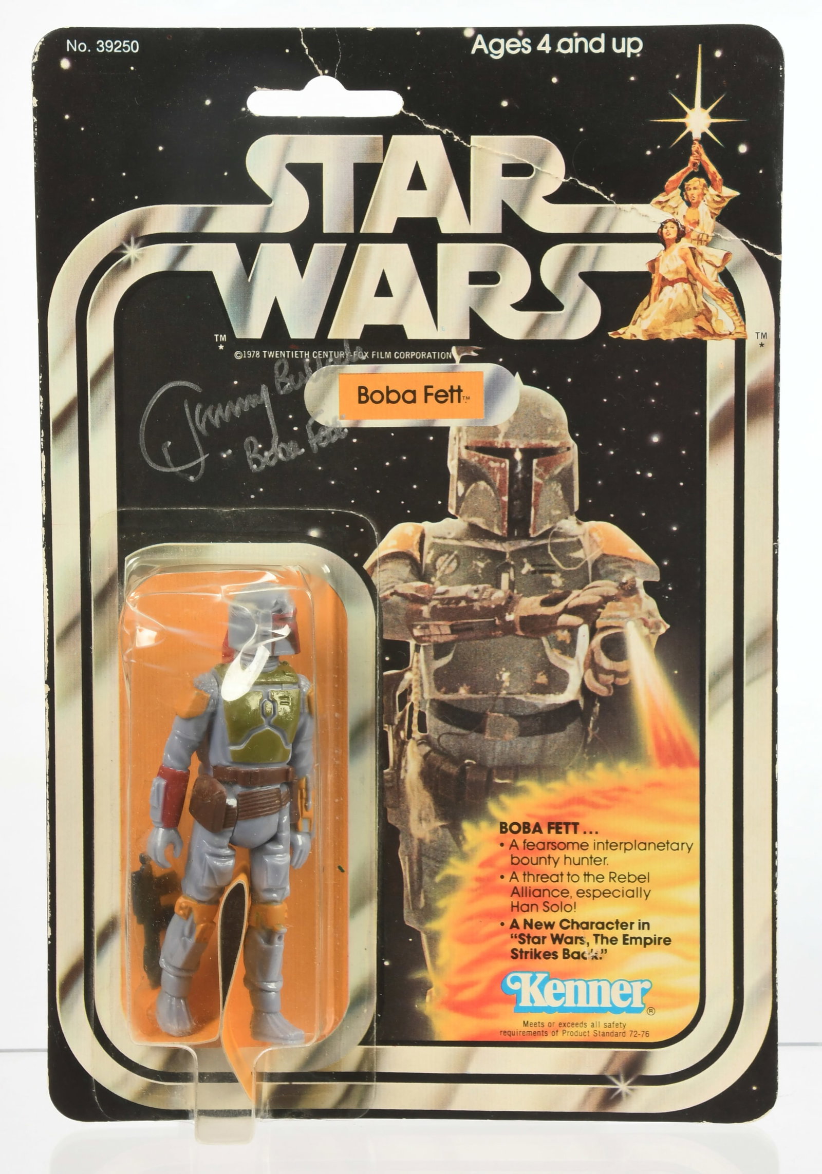Kenner Star Wars Boba Fett 21B Signed by Jeremy Bulloch. Poor to fair: Kenner Star Wars Boba Fett 21B Signed by Jeremy Bulloch. Poor to fairUn verified signature, no COA (Certificate of Authenticity)Large crease at top of card, bubble is heavily dented at top but is clea