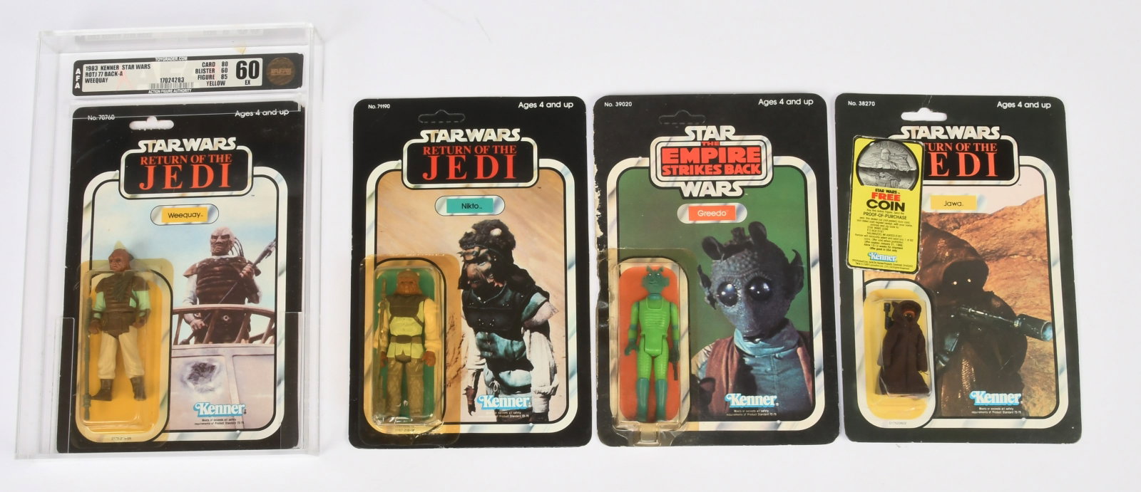 Kenner Star Wars resealed Jawa 65A, Greedo ESB 32B, damaged bubble Nikto ROTJ 79A & damaged graded: Kenner Star Wars resealed Jawa 65A, Greedo ESB 32B, damaged bubble Nikto ROTJ 79A & damaged graded Weequay 77A. Condition varies.Jawa cardback looks to have had coin offer sticker attached outside of 