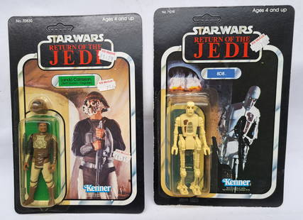Kenner Star Wars vintage unpunched 3&3/4 action figures with yellow bubbles - 8D8 ROTJ 79A: Kenner Star Wars vintage unpunched 3&3/4 action figures with yellow bubbles - 8D8 ROTJ 79A with Lando Calrissian Skiff Guard disguise ROTJ 77A - condition good to good plus Lando has litho tear on