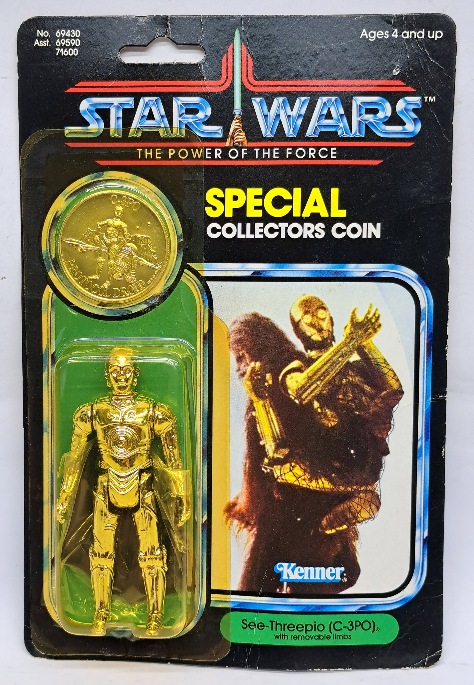Kenner Star Wars vintage Power of the Force See-Threepio (C-3PO) with removable limbs ROTJ 92A: Kenner Star Wars vintage Power of the Force See-Threepio (C-3PO) with removable limbs ROTJ 92A yellow bubble on fair to good cardback
