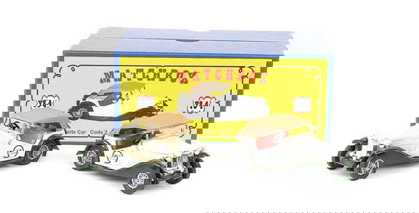 Matchbox MOY Y8 MG TC Sports Car - a pair: Matchbox MOY No.Y8 MG TC Sports Car - a pair (1) "MG Concourse" - cream body, green chassis, beige hood, red seats, chrome trim and (2) same as (1) but with beige seats - both are Mint including blue