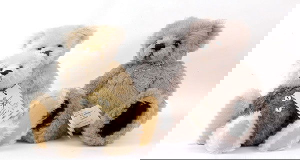 Two Quarrington Bears by June Whitehead: Two Quarrington Bears by June Whitehead: Jerome, cream mohair, 13"/33cm; plus Sweetie in cream and brown mohair, 10"/26cm; Warren Bears Smokey by Melanie Warren, LE 1/1, grey alpaca, 15"/38cm; all wit