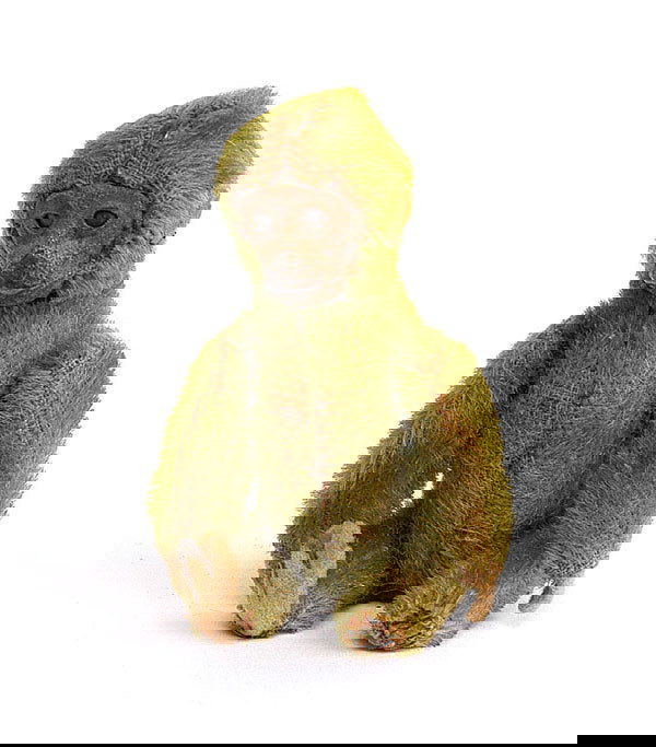 Schuco - Rare Green Manicure Set Chimpanzee: Schuco - rare Green Manicure Set Chimpanzee - 1920's - tinplate face with metal inset eyes - felt ears, hands and feet - removable head which reveals lipstick holder, nail buffer, file and tools - moh