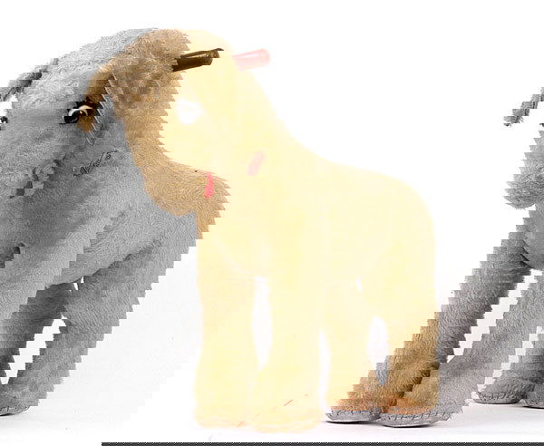 Schuco - Pull Along Donkey: Schuco - Pull Along Donkey with original tag - 1950's - black and white glass comical eyes - felt tongue and eyelashes - grey mohair - wooden handlebars at neck - original rubber Schuco tag attached t