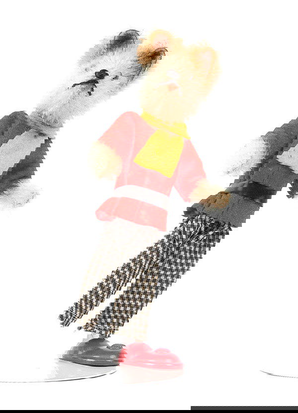 Schuco - "Bigo Fix" Terrier Dog: Schuco - "Bigo Fix" Terrier Dog - white and beige mohair head and paws - brown and black glass eyes - black stitched nose and mouth - red tongue - red felt jacket - yellow scarf - black and white chec