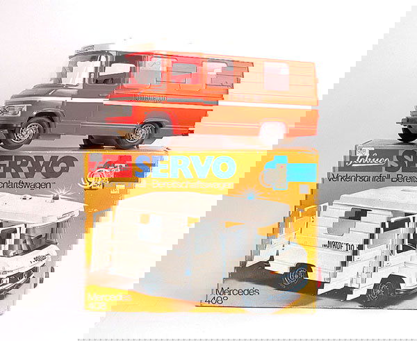 Schuco 362 261 Mercedes Ambulance: Schuco 362 261 Mercedes Ambulance - fluorescent red bodywork with white roof and central line, remote control unit, 'Notruf 110' to van sides - Very Good in Good box with illustrated lid, old marks an