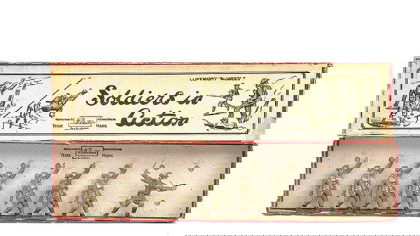 Britains - Set 1624 - U.S. Infantry: Britains - Set 1624 - U.S. Infantry - Bomb Throwers [1940/41 issue], comprising: 1 x Officer with sword [mismatch] & pistol & 7 x Infantrymen in Service Dress, Steel Helmets & Gasmasks throwing hand g