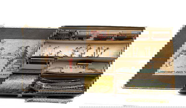 Bing Tabletop Clockwork LMS Passenger Train Set: Bing Tabletop tinplate clockwork LMS Passenger Train Set containing lined maroon 2-4-0 Tank, 3 x 4-wheel Coaches, oval of track, station, platform with canopy, tunnel, 4 x telegraph poles, 3 x single