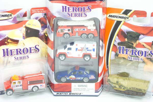 10 x Matchbox Heroes Series: MB-SF. (10) Heroes Series models featuring - (8) single carded models including Fire Engine, Ambulance, Police Car, Abrams Tank, and Space Patrol Vehicle, 3-Piece Fire, Police, and Ambulance Gift Set