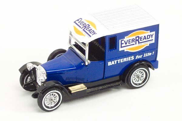 Matchbox MOY Prepor Y-5 Ever Ready Talbot Van: MB-MOY Prepro. Y-5 blue, black, and white "EverReady" 1927 Talbot Van w/logo on front of roof and "batteries for life" on rear doors. (1) Lot Condition- A. Box Condition- U