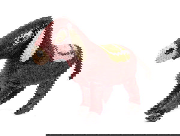 Unknown Japanese Make Mechanical Donkey: Unknown Japanese Make Mechanical Donkey - plush covered tinplate clockwork donkey, brown, yellow saddle, on operation donkey walks, tail spins, eyes move, some light handling wear otherwise Good Plus,