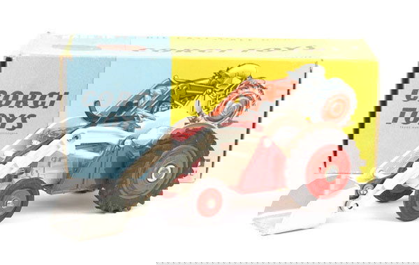 Corgi No.53 Massey Ferguson Tractor with Shovel: Corgi - No.53 Massey Ferguson Tractor with shovel - silver metal steering wheel and driver's seat, red plastic hubs - Excellent (paint loss to underside of bucket) in Good Plus blue and yellow box com