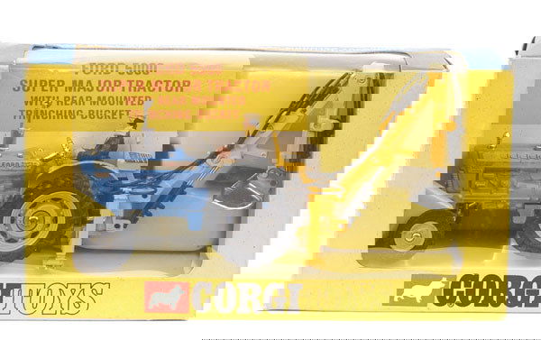 Corgi No.72 Ford 5000 Super Major Tractor: Corgi - No.72 Ford 5000 Super Major Tractor with trenching bucket complete with driver - Near Mint (requires cleaning) in generally Excellent blue and yellow window box (has been reperspexed), inner v