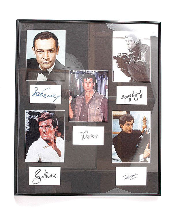 James Bond Autograph - A Group of 5: James Bond Autograph - group of 5 all mounted in display frame includes all previous actors who have played James Bond to include, (1) Sean Connery, (2) George Lazenby, (3) Roger Moore, (4) Timothy Da