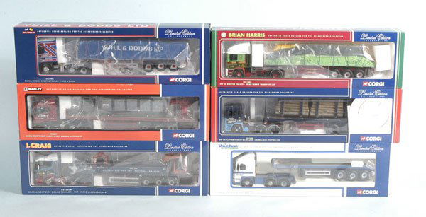 6 x Corgi Classics Modern Trucks: Corgi Classics a mixed group of Modern Trucks. To include CC12217 Scania Articulated Truck and Crane Trailer with Load "Marley Building Materials Ltd", No.CC12703 ERF Tractor Unit and Flatbed Trailer