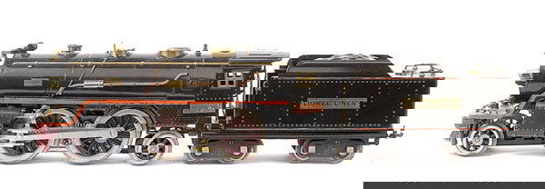 Lionel Standard Gauge 2-4-2 #390E Loco & Tender: Lionel Standard Gauge 2-4-2 No.390E Steam Loco and Tender black, 3-rail Electric. Loco finished in black with brass trimmings and orange lining to running board. Lionel lines and catalogue number 309E