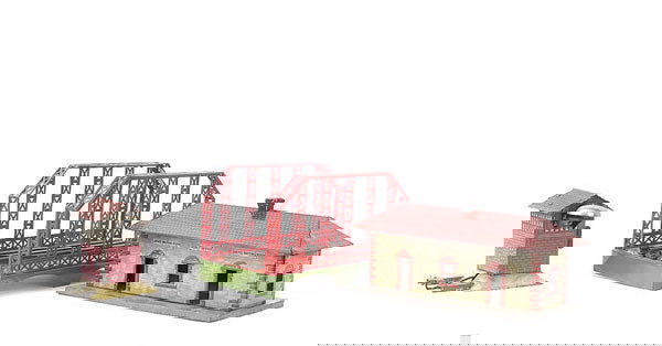 Bing Railway Accessories: Bing Railway Accessories consisting of Station Building measuring 10" x 5.5" mounted on a grey base with the building tinprinted in grey, orange and white. Tinprinting to the front and rear is identic