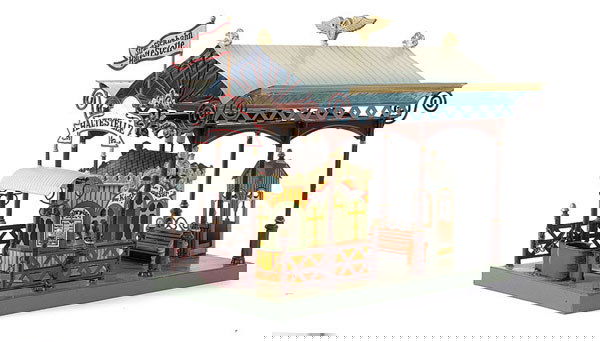 Gauge 1 Marklin/Bing Repro Station Haltestelle: Gauge 1 Marklin/Bing or similar reproduction Station Haltestelle. This reproduction station is mounted on a base 12" x 6" x 8" tall. Base finished in dark green with brown uprights and fencing. Centra