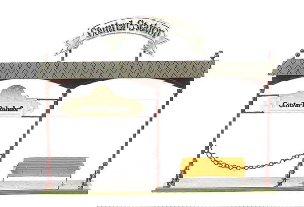 Bing/Marklin Reproduction Station Platform: Bing/Marklin reproduction Station Platform. Finished with green platform, brown columns and grey and black striped roof. To the left of the platform is a bench finished in yellow and to the right uppe
