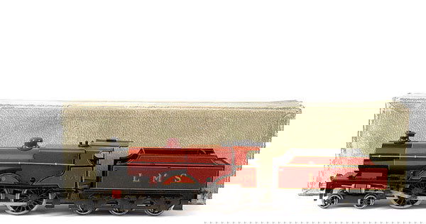 Bassett-Lowke O Gauge 4-4-0 Loco and Tender: Bassett-Lowke O Gauge 4-4-0 Loco and Tender LMS maroon "Compound" No.1108, 3-rail Electric. Tinprinted in maroon and black the smoke dome has been repainted and there is some fading to one side of the