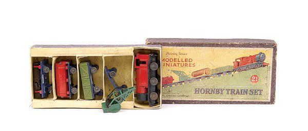 Dinky Toys No.21 Hornby Train Set: Dinky Toys No.21 Hornby Train Set - Hornby Series model miniatures train set comprises red/black Locomotive with Crane Truck, Open Wagon, Shell Tanker Truck and Log Wagon, early Locomotive is marked "