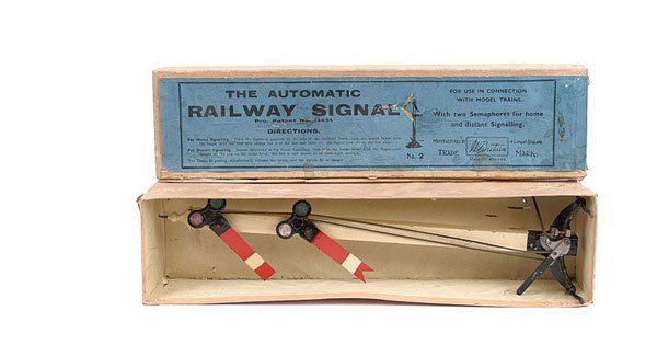 Britains - No.2 Railway Signal: Britains - No.2 Railway Signal - comprising of wooden post with metal base and signals. Very Good, contained in a Fair to Good [old marks and tears - paper to base lifting - hole to lid] box with blue