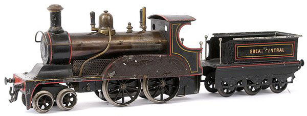 Bing Gauge 2 4-6-0 Loco and Tender: Bing Gauge 2 4-6-0 Loco and Tender Great Central black, Live Steam. This is a rare Bing c.1902 Live Steam Loco finished in black with red and yellow lining. Some scorching to splasher particularly on